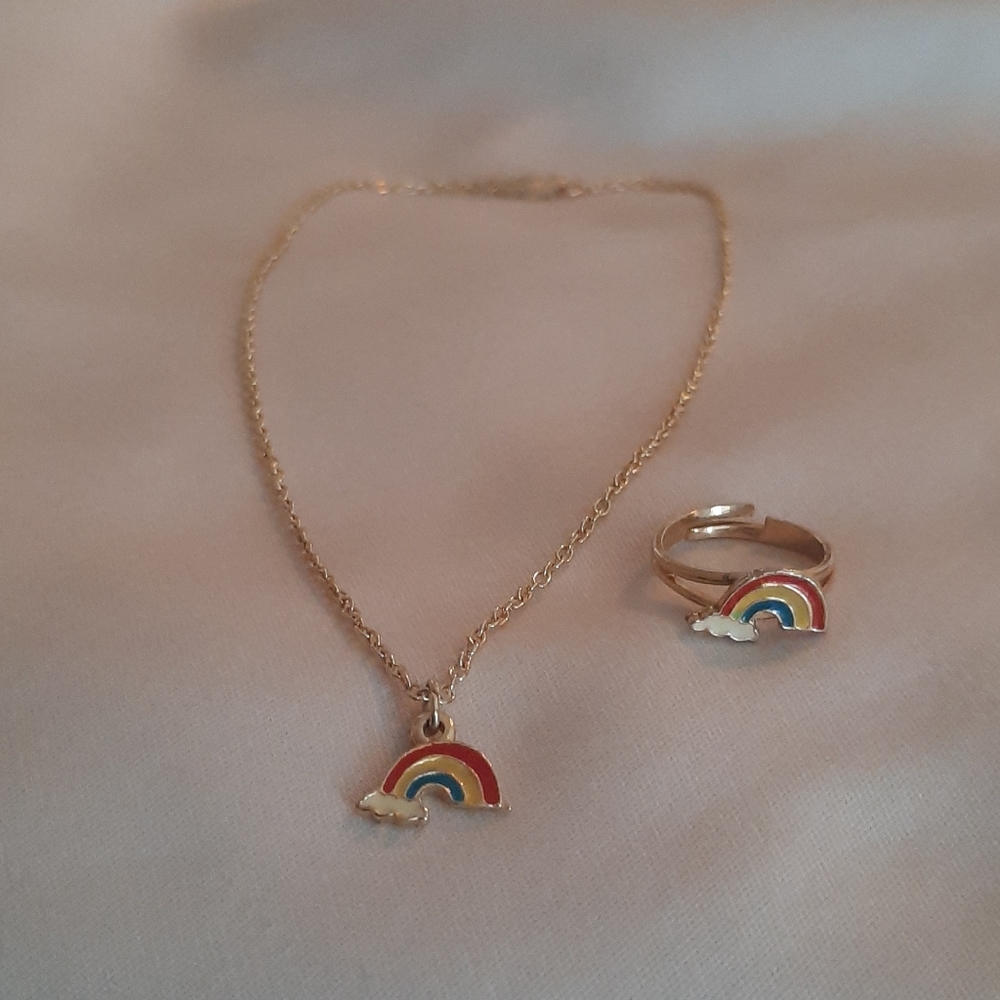 Kids Rainbow necklace charm and ring